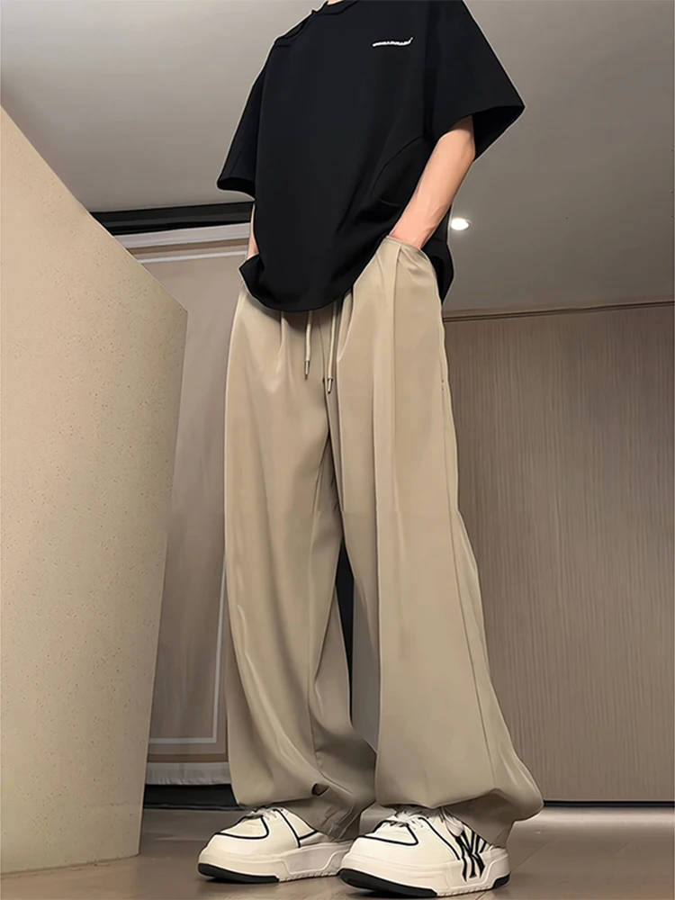 

Men's Summer High Waist Ice Silk Wide Leg Pants Pleated Straight Loose Harlan Japanese Sle Lantern Pants Casual Faion