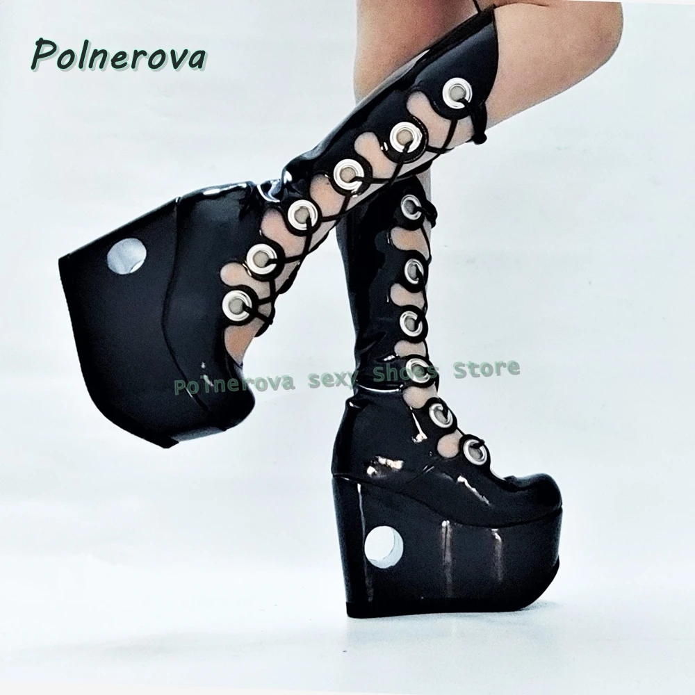 Black Metal Eyelet Wedge Gladiator Round Toe Height Increase Lace Up Cut Out Fashion Y2K Punk Women Fashion Summer Boots Trend