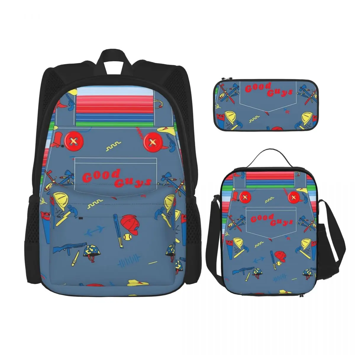 Good Guys Child's Play Chucky Killer Doll Overalls Backpacks Bookbag School Bags Kids Rucksack Lunch Bag Pen Bag Three-Piece Set