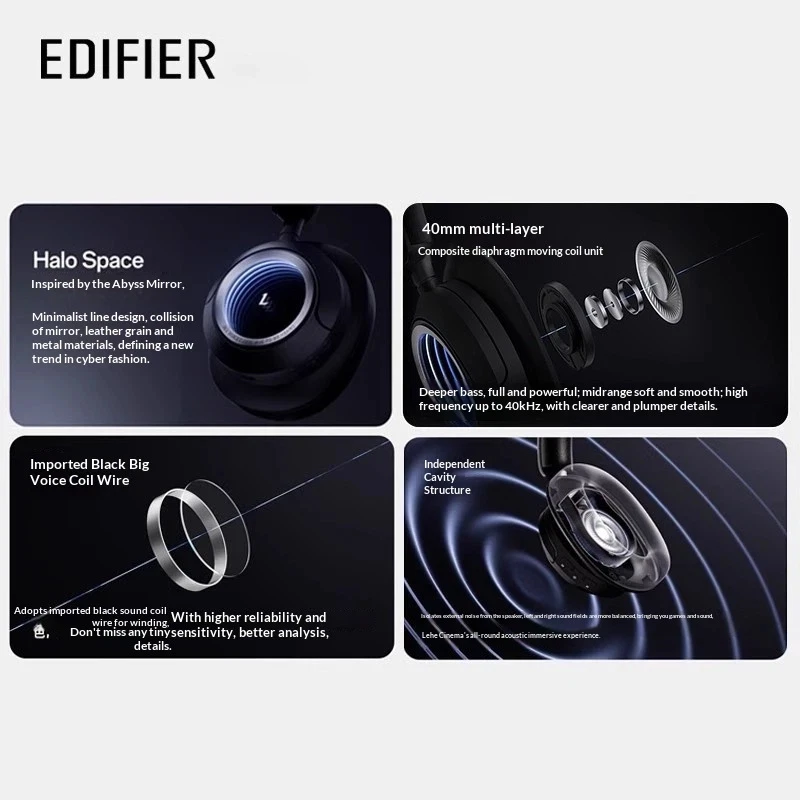 سماعات رأس Edifier Halo Space Over Ear اللاسلكية المزودة بتقنية البلوتوث وإلغاء الضوضاء النشطة للألعاب، سماعة رأس منخفضة الكمون، مريحة