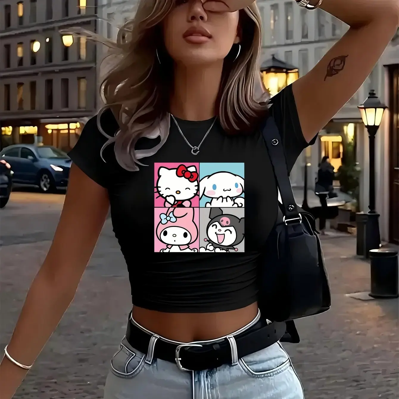 

Madam Y2K Retro Hello! Kitty & Pochacco/ Kuromi /Melody Short Top - Sanrio Character Short-sleeved Shirt Retro Style Design