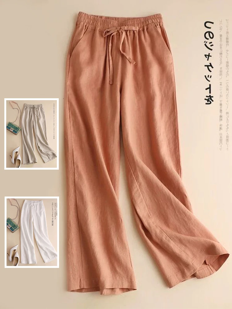 

Легкие дышащие хлопковые и льняные широкие брюки с высокой талией, драпированные утягивающие прямые повседневные брюки, длинные брюки для плюс...