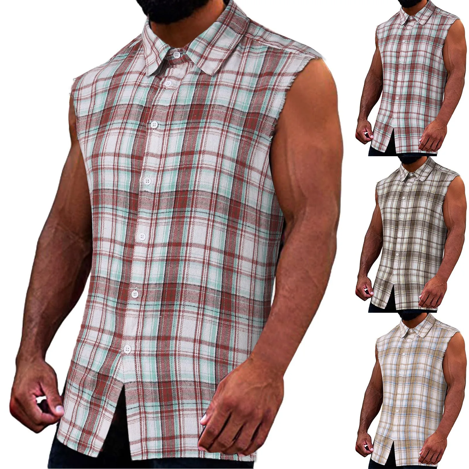 Men's Summer Fashion Casual Plaid Print Sleeveless T Shirt Vest Buckle Sanding 2022 Korean Style Mens Tank Tops Beach Vest