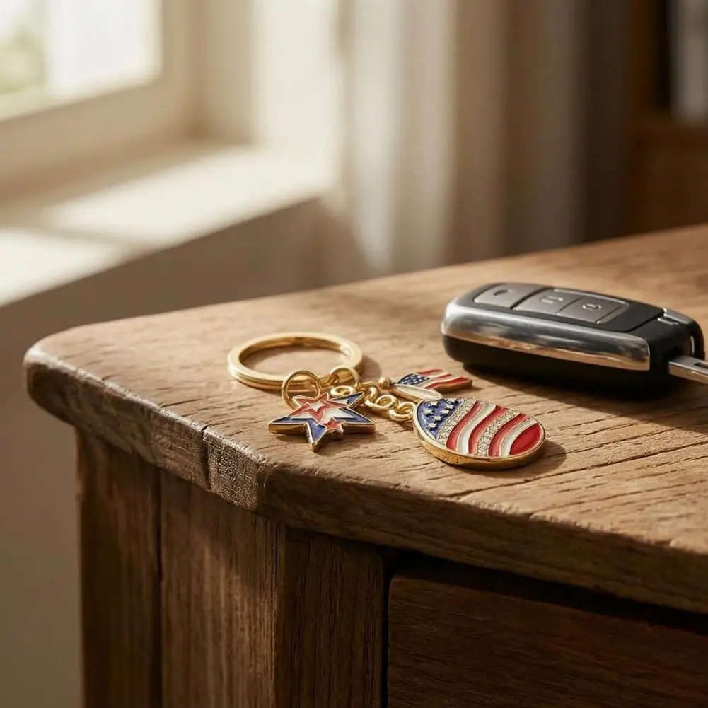 Oil Drip Color Keychain Independence Day Keychain Pendant Enamel Zinc Alloy Key Holder Usa Letters Stars Hearts Patriotic Design