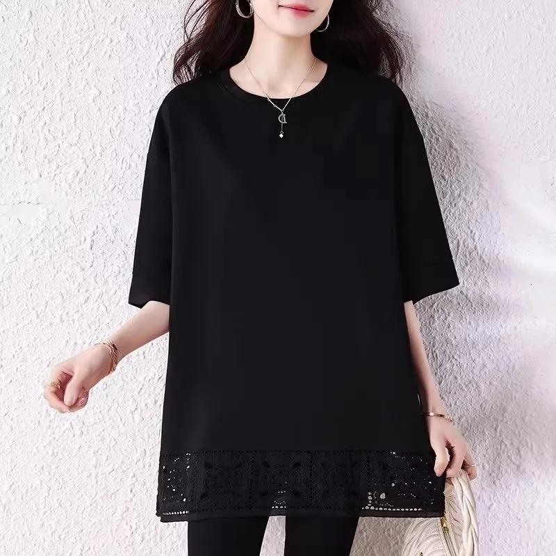 

Black Loose Batwing Sleeve T Shirt with Lace Hem Women Casual Long Top Summer Short Sleeve Tee