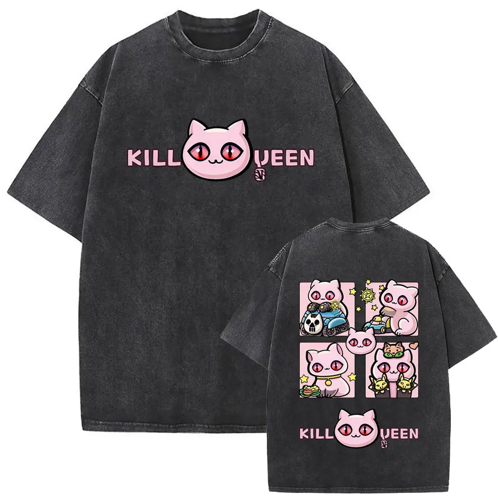 

Washed Vintage Anime Jojo Bizarre Adventure T Shirt Killer Queen Funny Cat Graphic T-shirt Men Women Manga Fashion Retro Tshirt