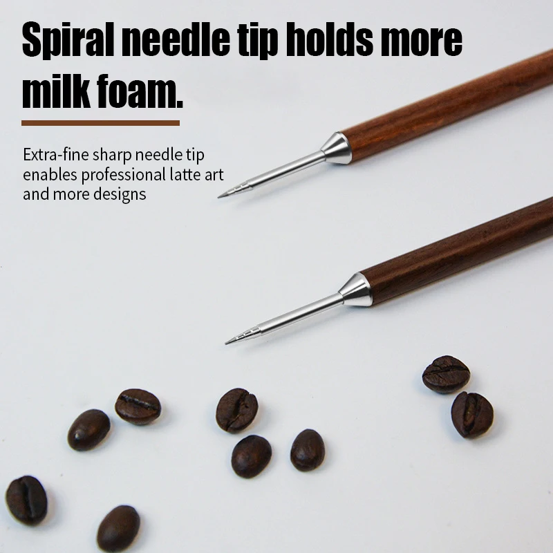 OANKR Latte Art Pen Stainless Steel Coffee Drawing Tool with Wood Handle Double-Ended Barista Accessories for Creating Coffee