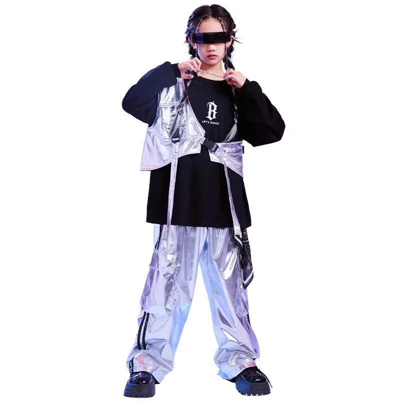طفل الهيب هوب الملابس الفضة واحد الكتف سترة البلوز أعلى عارضة السراويل البضائع واسعة لفتاة صبي الجاز ملابس الرقص زي الملابس