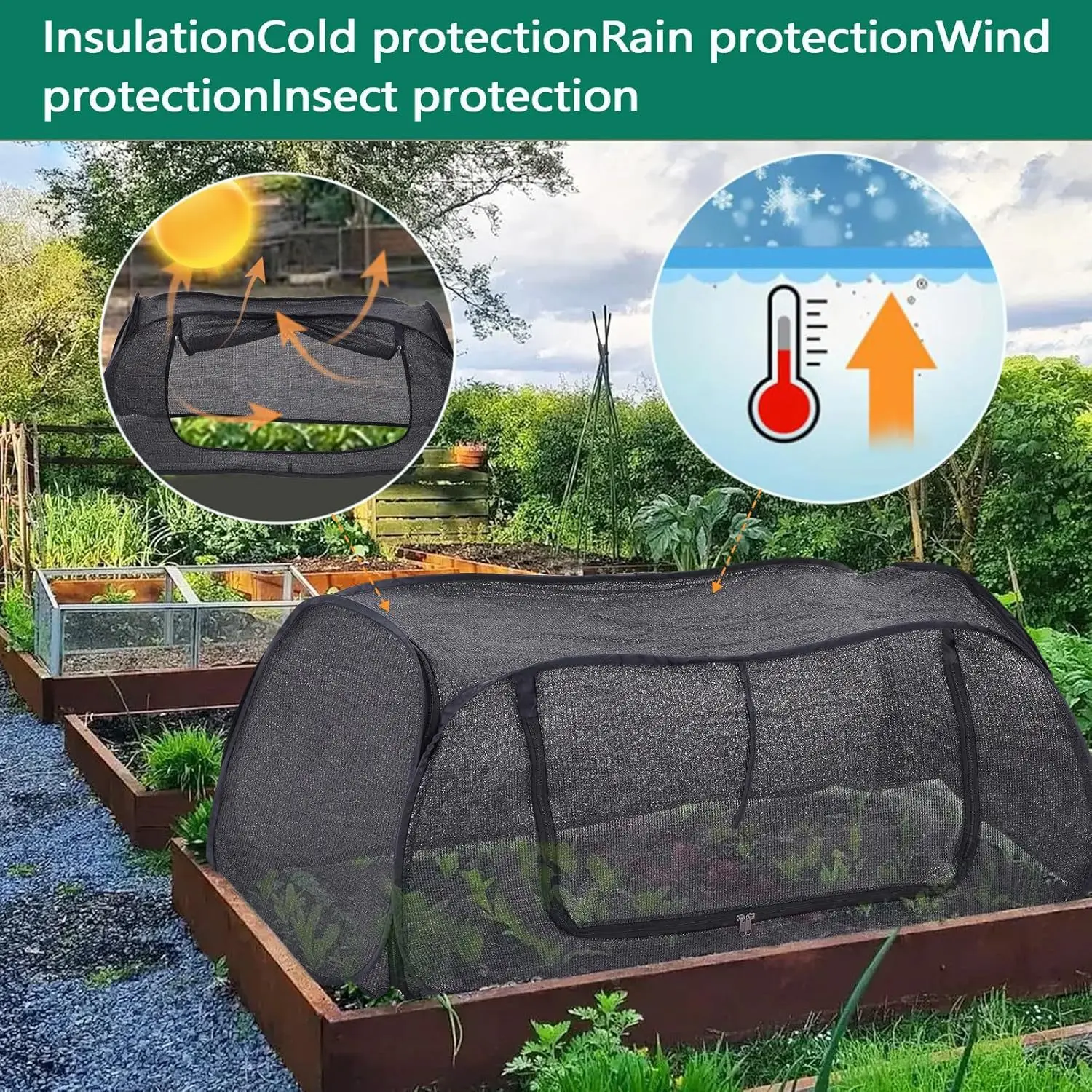 Foldable Plant Protection Cage with 3-side Zippers Mesh Insect and Bird Cover Portable Garden Bed Vegetable Planting Tent