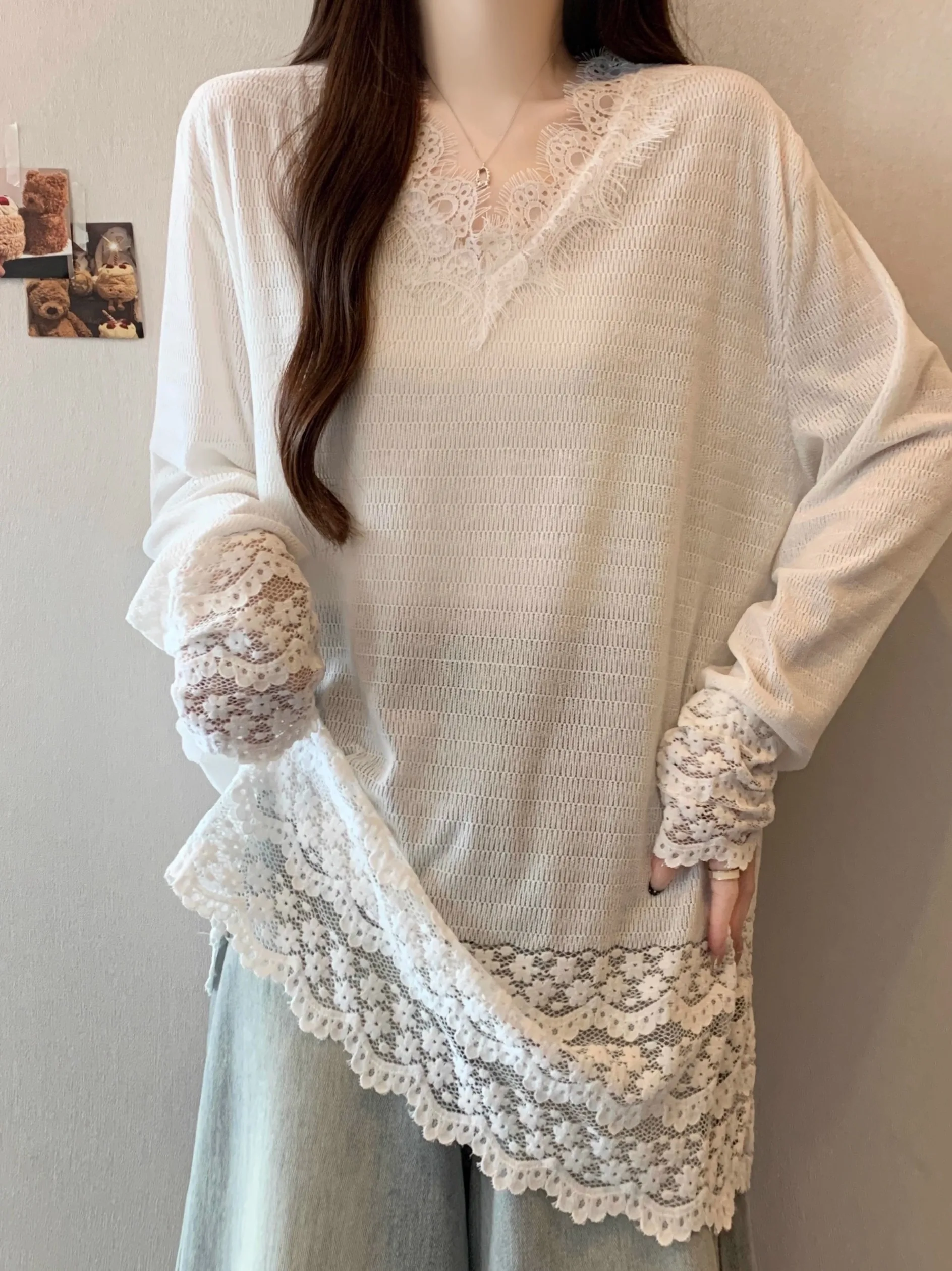 

Lace V-ne Long Sve T-irt Women's plus Size Autumn Winter Mid-length Base irt Korean Sle Loose Fit Daily Wear