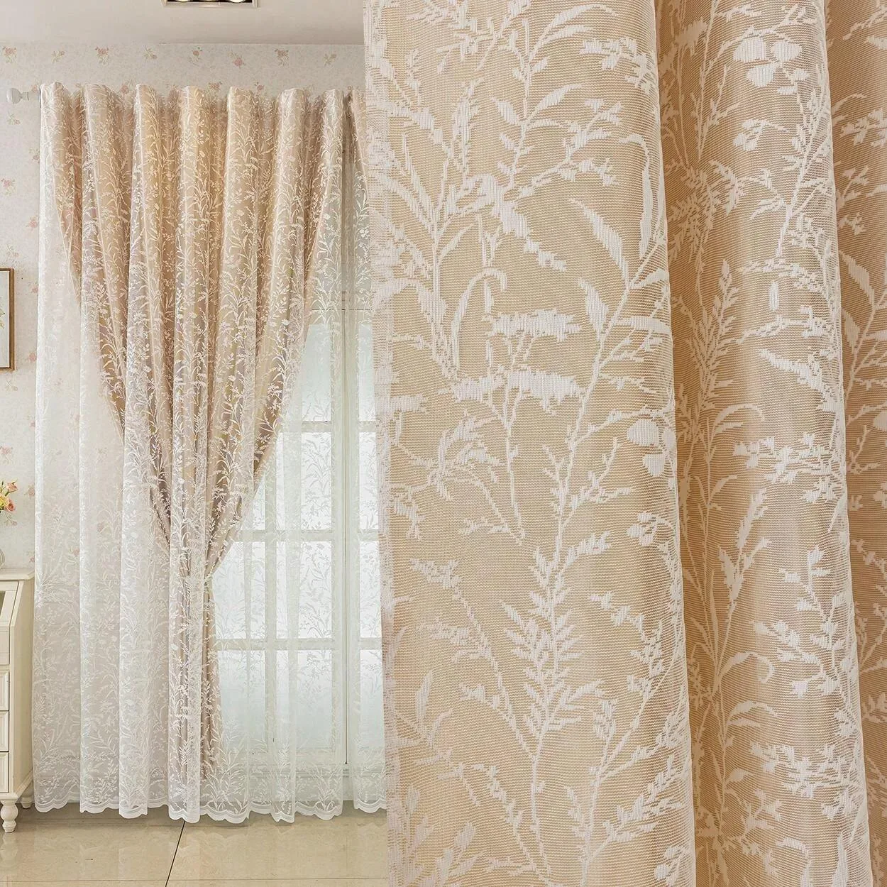 Eleganter Französischer Creme-Gardinenstoff mit Zweilagiger Schattierung, Lichtundurchlässig, Staubdicht, Geräuschreduzierend für Wohnzimmer und Schlafzimmer, Minimalistisch