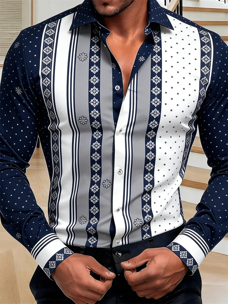 New Dark Green Satin Patchwork Landscape Painting Printed Men's Long Sleeved Shirt, Business Casual Shirt, Clothing