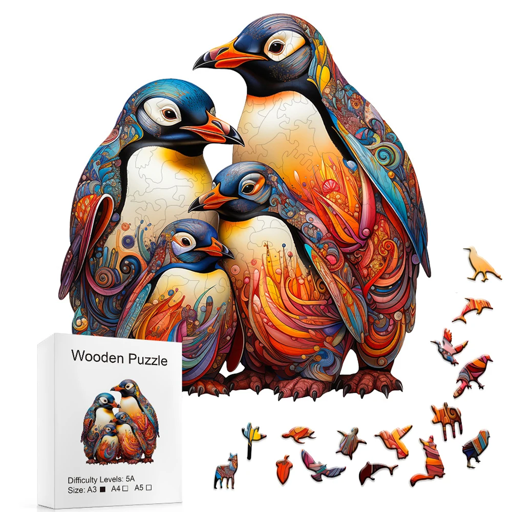 Houten puzzelpinguïn Prachtige geschenkdoos met onregelmatig gevormde dierenpuzzelcadeaus voor gezinsinteractie en stressverlichting voor volwassenen