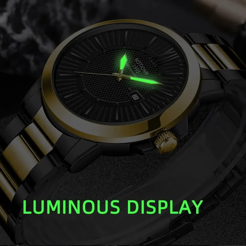 NOTIONR Fashion Mens Gold Stainless Steel Watches Luxury Quartz Wrist Watch Men Business Casual Calendar Watch Luminous Clock