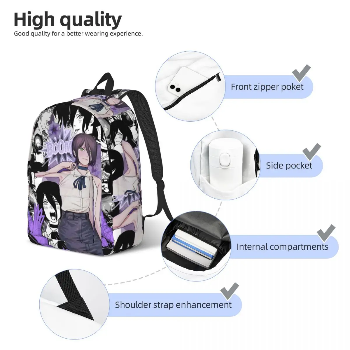 체인소 맨 레제 백팩 남녀공용 멋진 학생 비즈니스 데이팩 애니메이션 만화 노트북 컴퓨터 캔버스 가방 경량