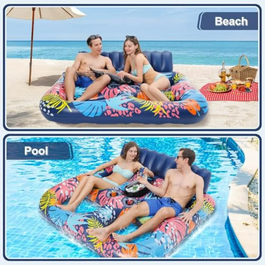 2-Person Inflatable Pool Floats for Pool Party, Lake, Beach, River: Heavy Duty PVC, Blue, Thickened Design with Cup Holders, Ba