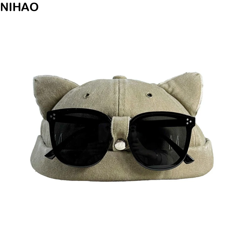 Creative Cat Ears Brimless Hat with Sunglasses Cute Breathable Dome Melon Cap Adjustable Detachable Sunglasses Bucket Cap Travel