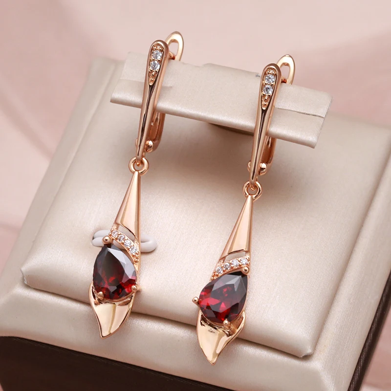 Kinel New 585 Rose Gold Color Long Dangle Earrings For Women Red Natural Zircon Bride Drop Earrings Vintage Wedding Jewelry