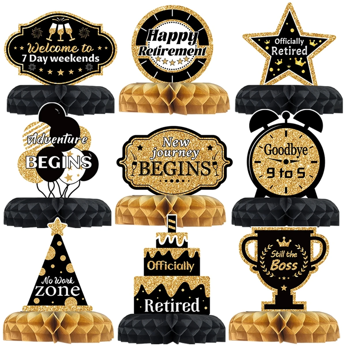 9Pcs Black Gold Retirement Themed Honeycomb Balls Party Favor Centerpieces Table Topper Officially Retired Party Decor Supplies