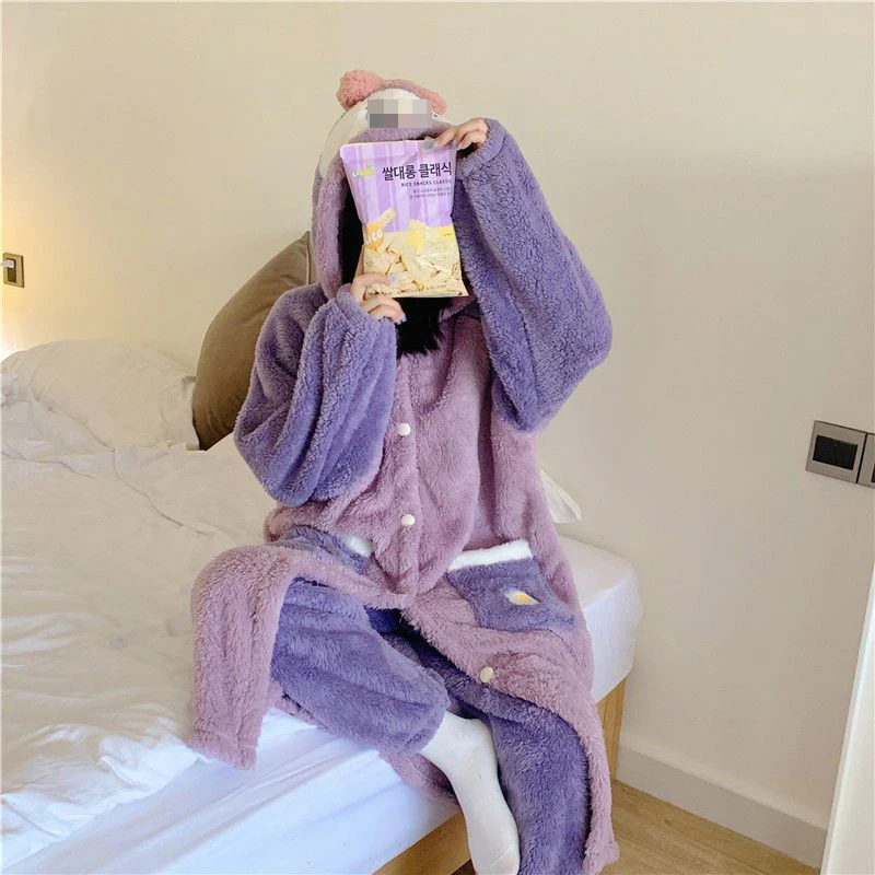 Autumn Winter Kawaii Cartoon Pajama Sets Women Pyjamas Cosplay Anime Nightgowns Flannel Long Robes Thick Coral Fleece Nightdress