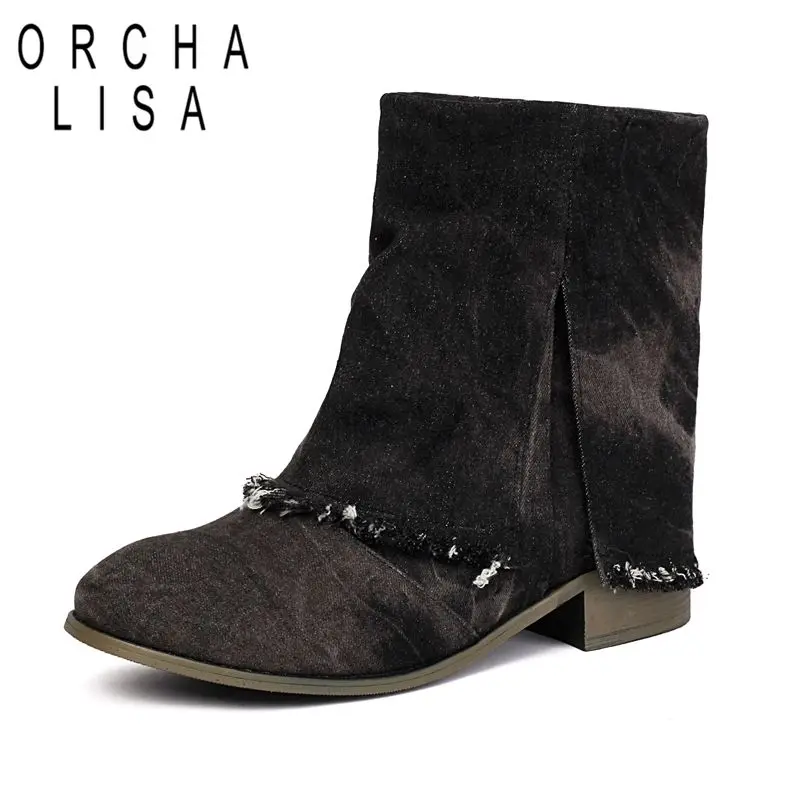 

ORCHA LISA 2025 Autumn Female Mid Calf Boots Round Toe 3cm Block Heels Slip On Leisure Daily Cowgirl Bota Extended Size 46 47 48