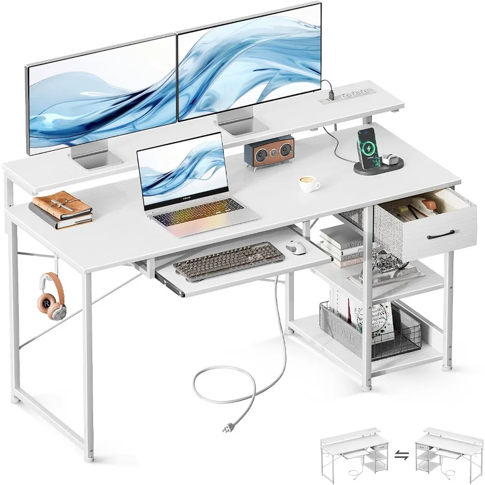 Computer Desk with Keyboard Tray, 55 Inch Office Desk with Power Outlet, Work Desk with Drawer, Reversible with Adjustable