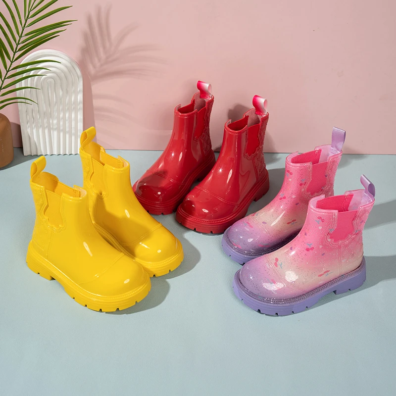 Toddler Little Girls Glitter Cherry Print Short Rain Boots Waterproof Non-Slip Chunky Rubber Sole for Rainy Season Outdoor Wear