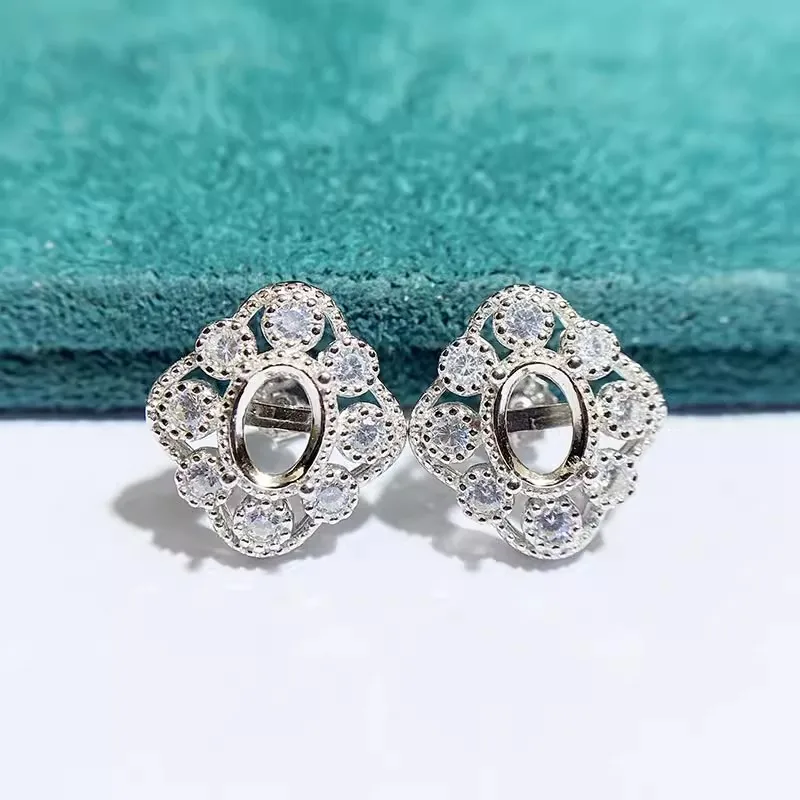 MeiBaPJ 5mm*7mm Elliptic Stone DIY 925 Silver Empty Holder Fashion Zircons Stud Earrings Fine Charm Party Jewelry for Women