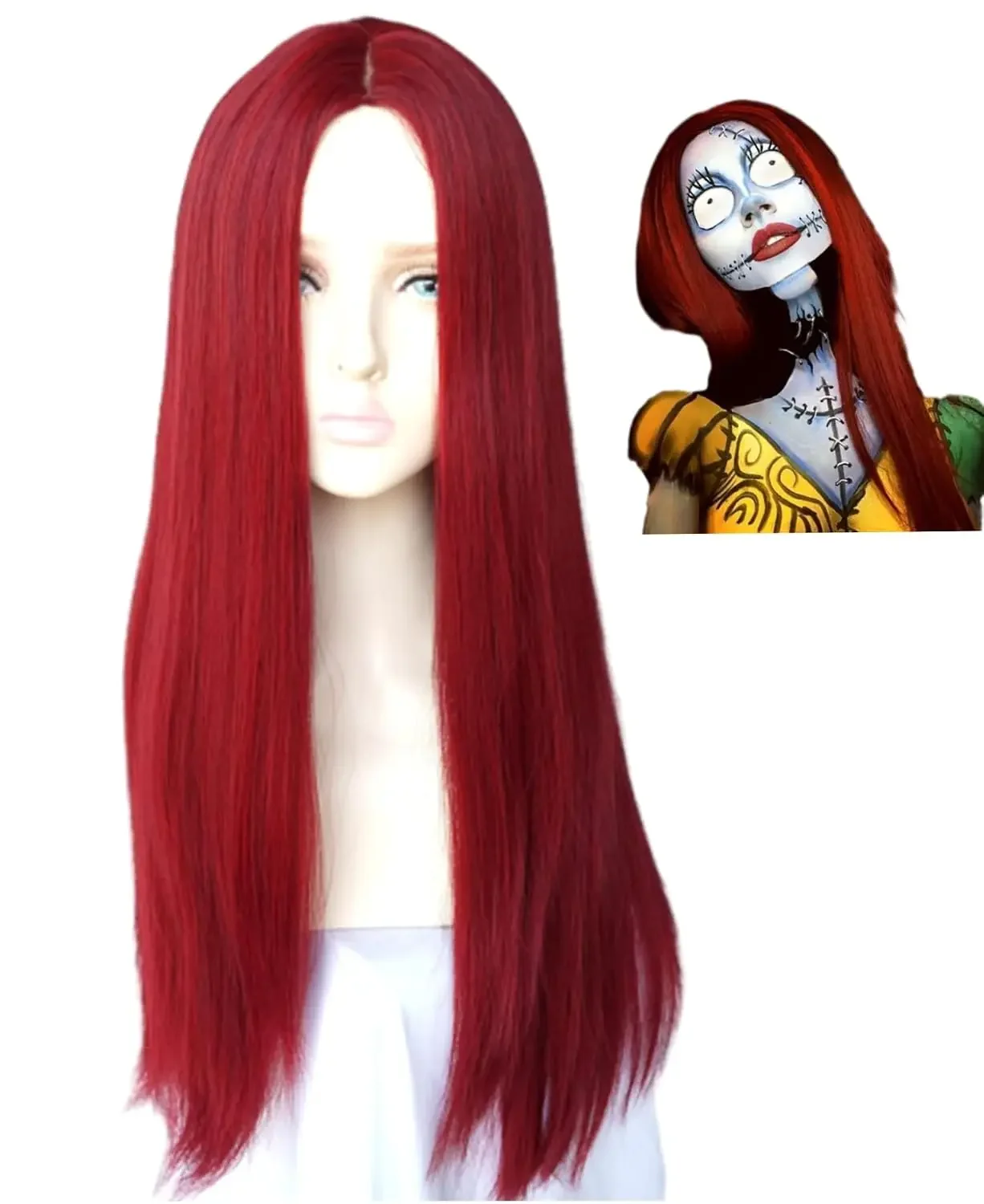 Long Red Straight Wig sally costume wig before Christmas for women and GIRL Synthetic wig