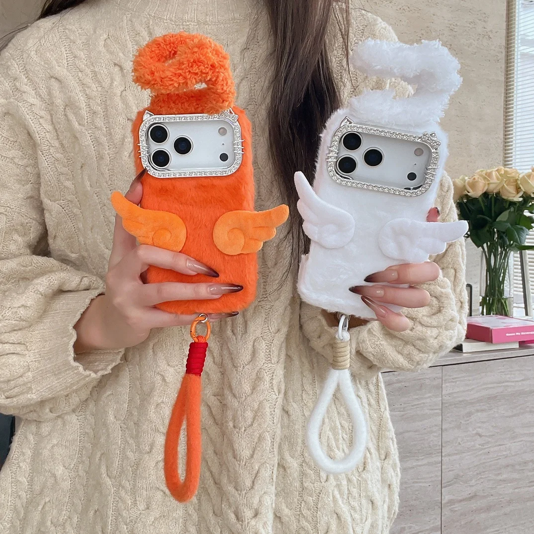 Otoño Invierno cordón cuerda lindo Ángel Halo funda de felpa para iPhone 13 14 15 16 17 Pro Max Plus carcasa a prueba de golpes cubierta de teléfono esponjosa