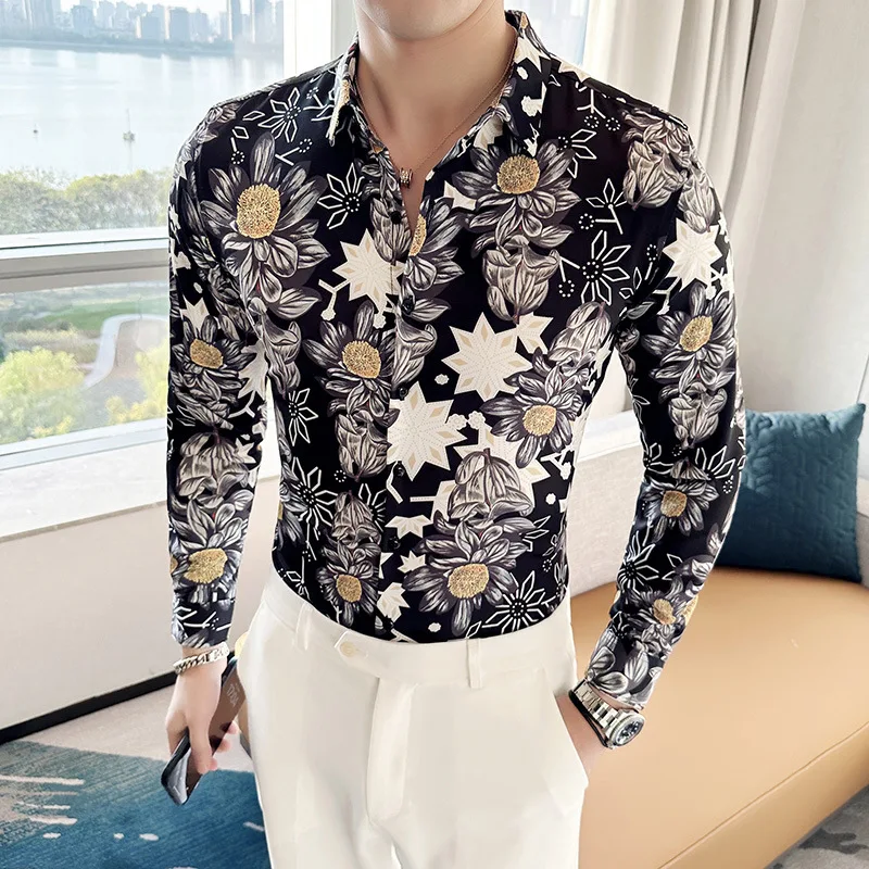 Luxury Flower Shirt for Men 2023 Autumn Winter Long Sleeve Casual Shirts Slim Fit Business Social Party Tuxedo Blouse M-6XL