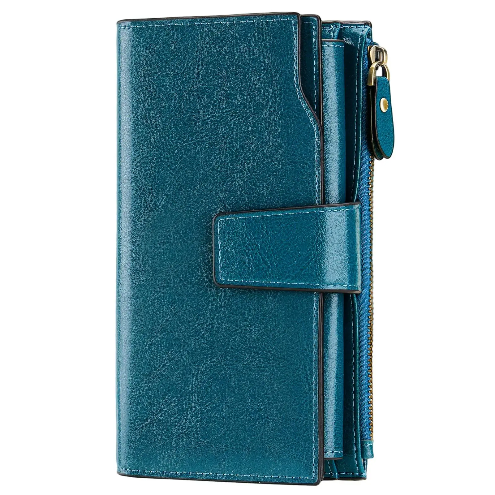 Ladies Long PU Leather Wallet RFID Blocking Snap Buckle Multi‑Card Slots Zipper Coin Pocket Large Capacity Women Clutch Purse