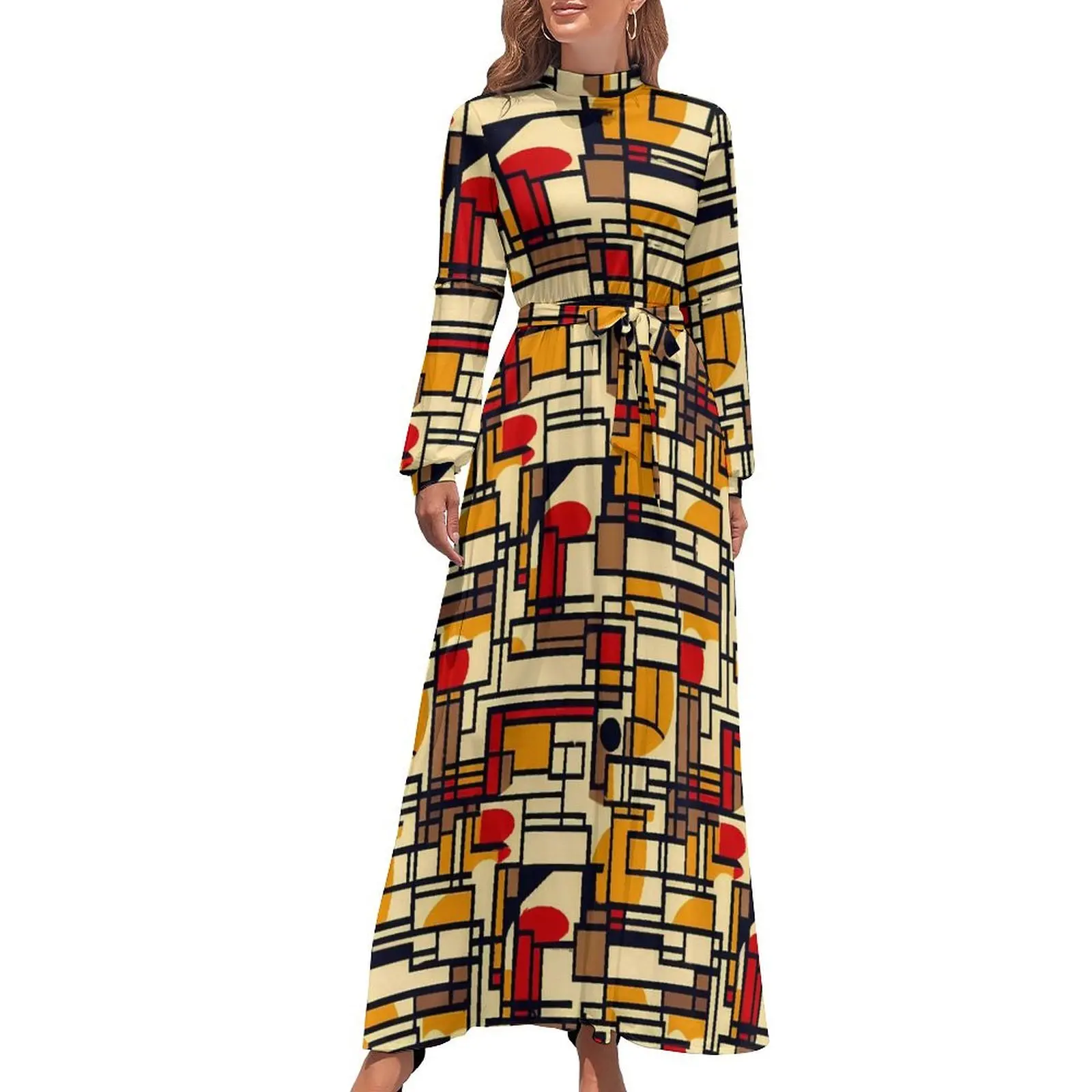 

Vintage Geometric Dress De Stijl Elegant Pattern Maxi Dress High Waist Long Sleeve Streetwear Bohemia Long Dresses