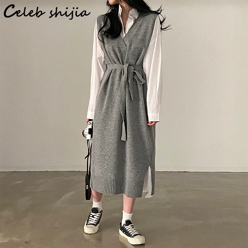 

SHIJIA Gray Woolen Dress Women Sleeveless Winter Autumn Lace-up Knitted Dresses Ladies Spaghetti V Neck Chic Korean Knitwear