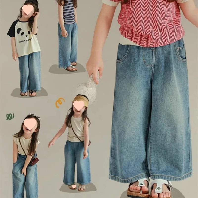Girls' loose multi pocket elastic waist jeans wide leg pants 25 summer clothes new foreign trade children's clothing hair collec