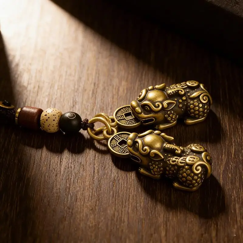 Vintage Brass Double Pixiu Keychain Handwoven Beaded Lanyard Lucky Fortune Charm Bag Decor Gift