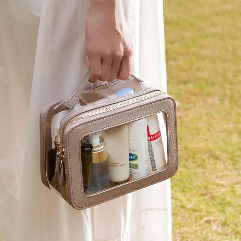 حقيبة مستحضرات التجميل ذات جودة عالية وسحابات مزدوجة شفافة من مادة PVC بثلاثة أحجام بنمط الليتشي