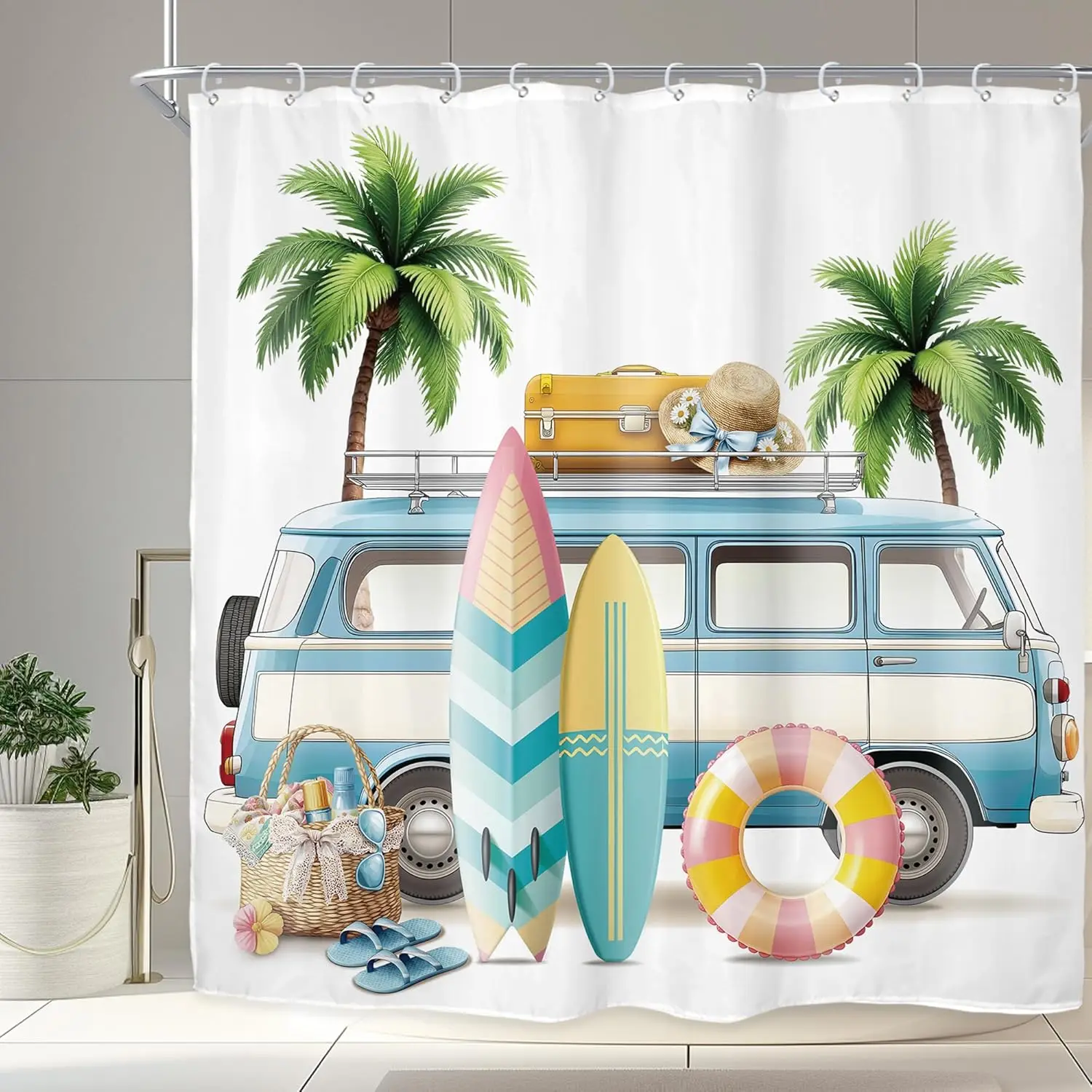 

Beach Surf RV Shower Curtain – Tropical Palm Tree & Camping Car Design, Coastal Theme Bath Decor for Men & Boys, with 12 Hooks