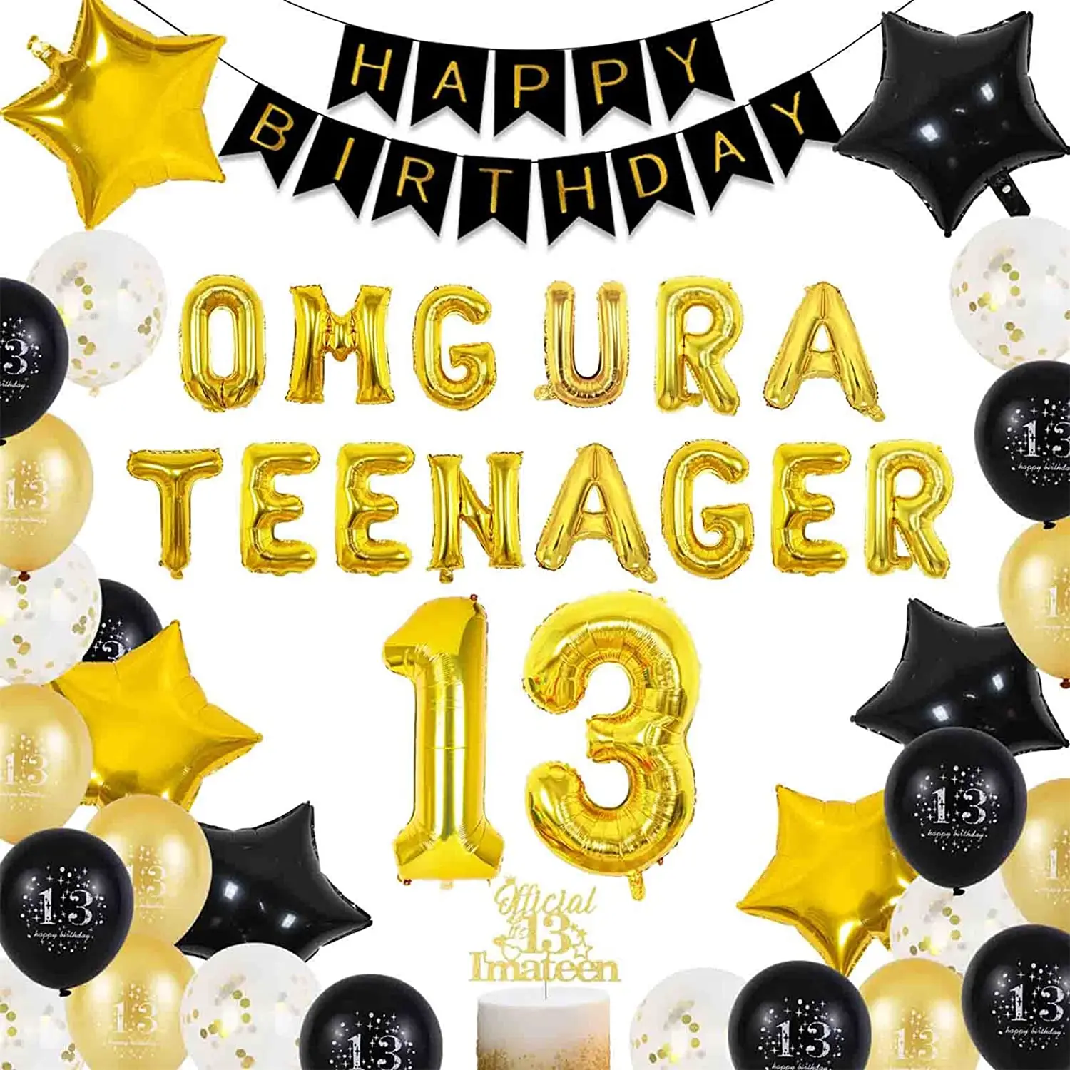 

Gold Black 13th Birthday Decorations for Boys Happy Birthday Banner Omg Ur A Teenager Balloons Cake Topper for 13 Years Old