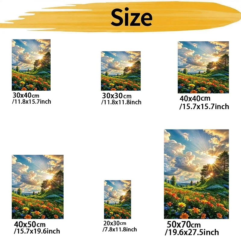 Professional Art Use, Sunlit Idyllic Meadow Landscape 2D Paint By Numbers for Adults, Polyester Material Multiple Specifications