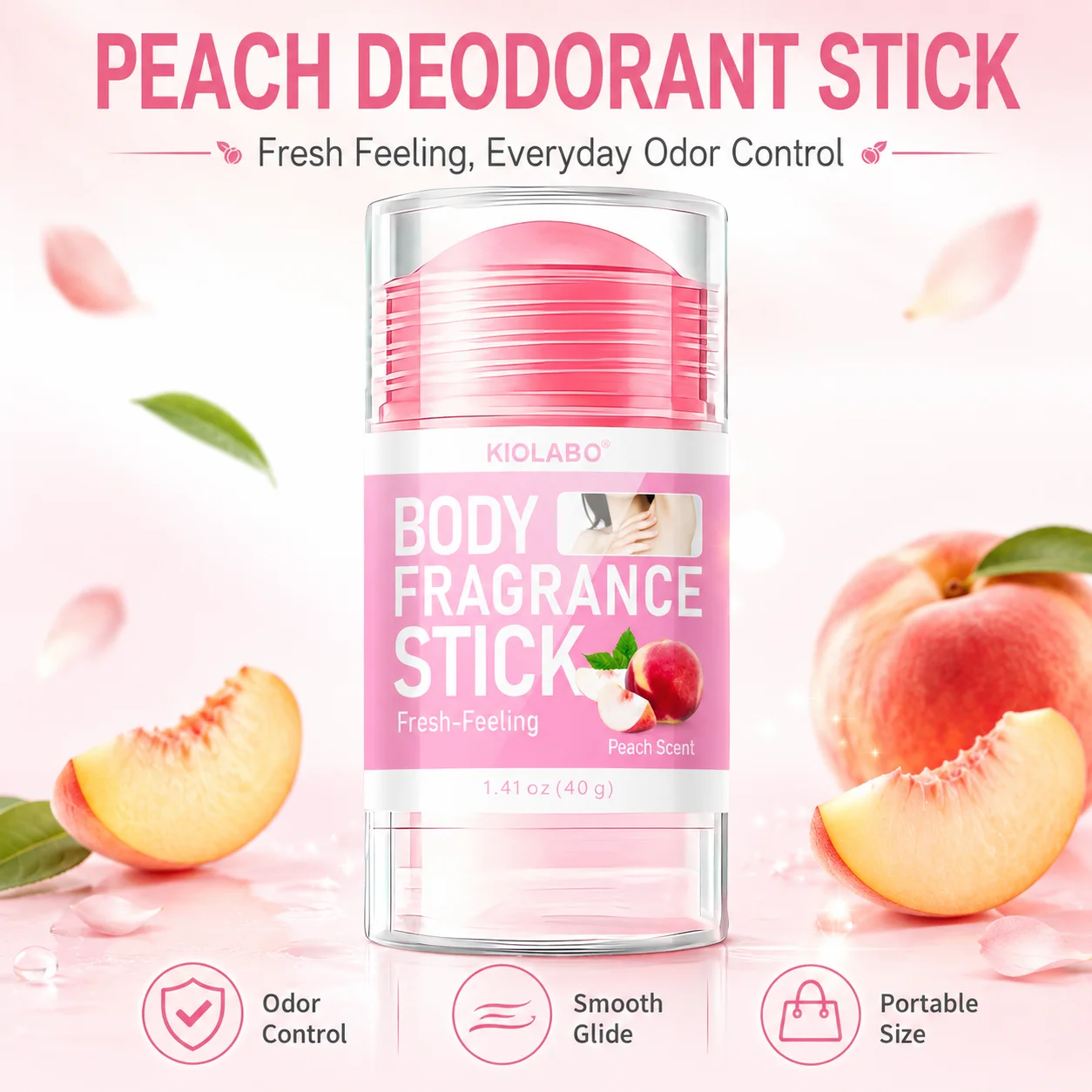 

40g Peach-Scented Deodorant Stick 72-Hour Odor Control Long-Lasting Solid Perfume Balm for Underarms Body Fragrance