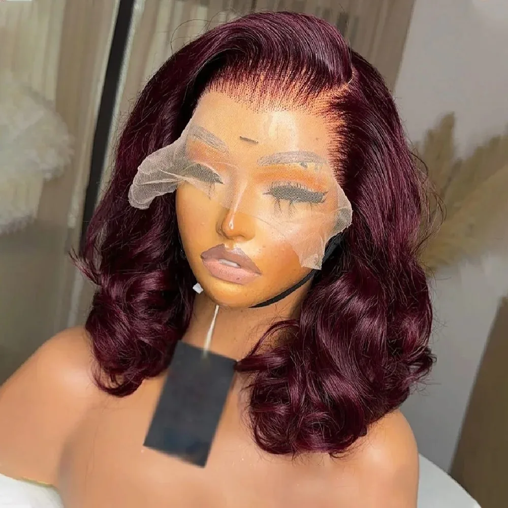 

99J Burgundy Red Short Bob Lace Wigs Body Wave Lace Front Wig Glueless 13x4 HD Pre Plucked Synthetic High Quality Daily Cosplay