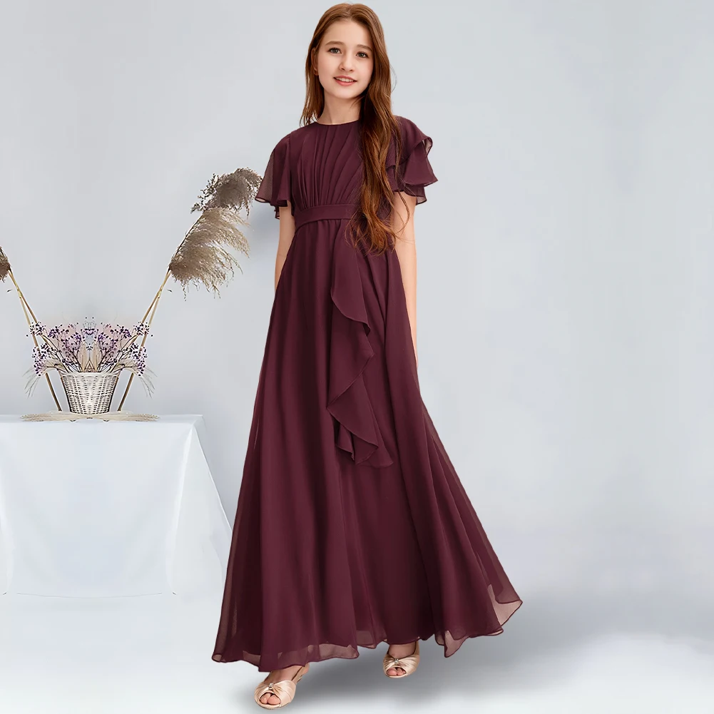 A-line Scoop Floor-Length Chiffon Junior Bridesmaid Dress With Cascading Ruffles Cabernet Flower Girl Dress for Wedding Teens