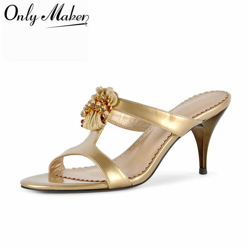 Onlymaker Gold Slide Mules T-Strap Rhinestone Round Open Toe Thin Stiletto Heel Sandals Slip On Wedding Party Evening Mules