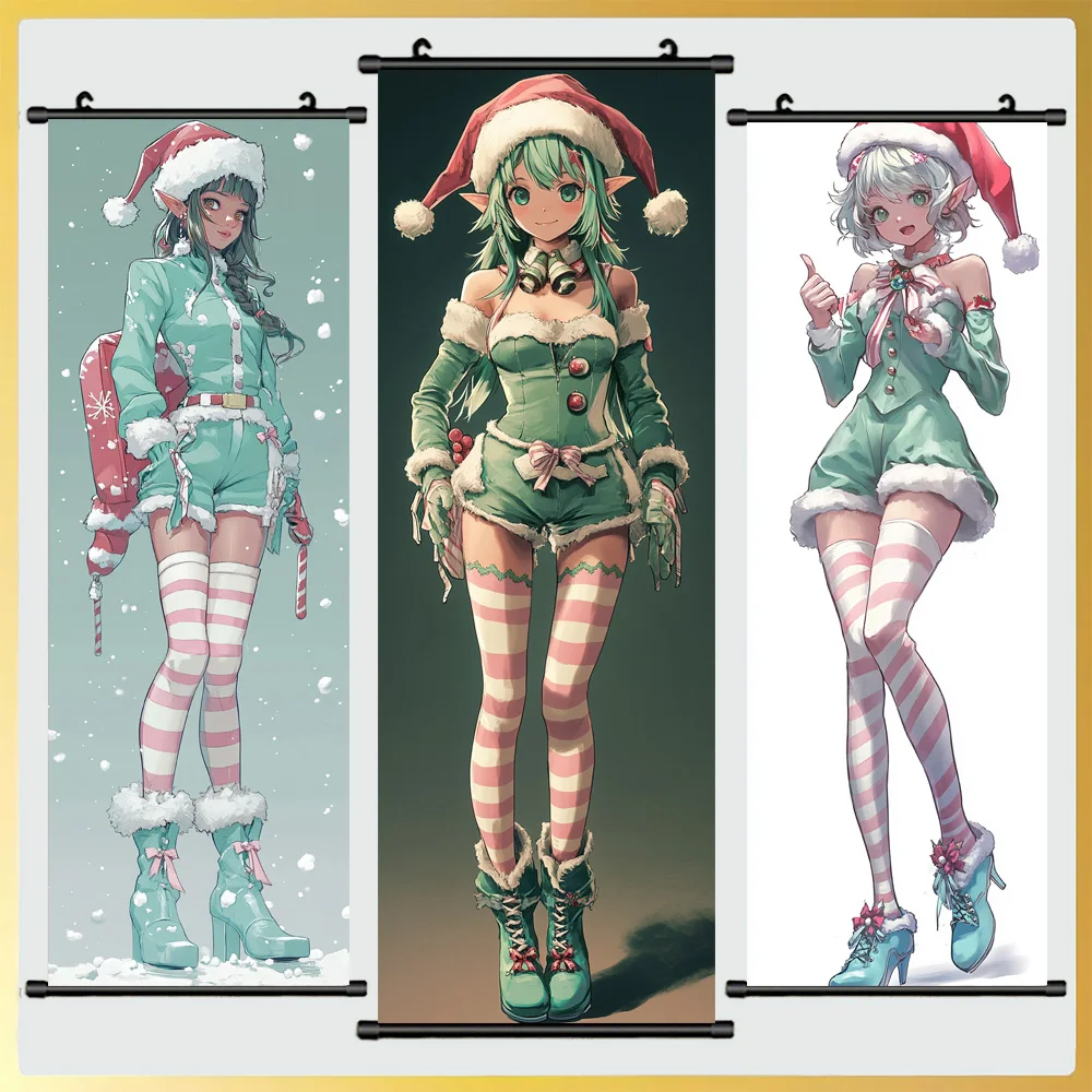 Mint Green Anime Christmas Elf , Christmas Day Decoration Hanging Painting, Ideal Holiday Gift,Wrapped Canvas, 16x47 inches