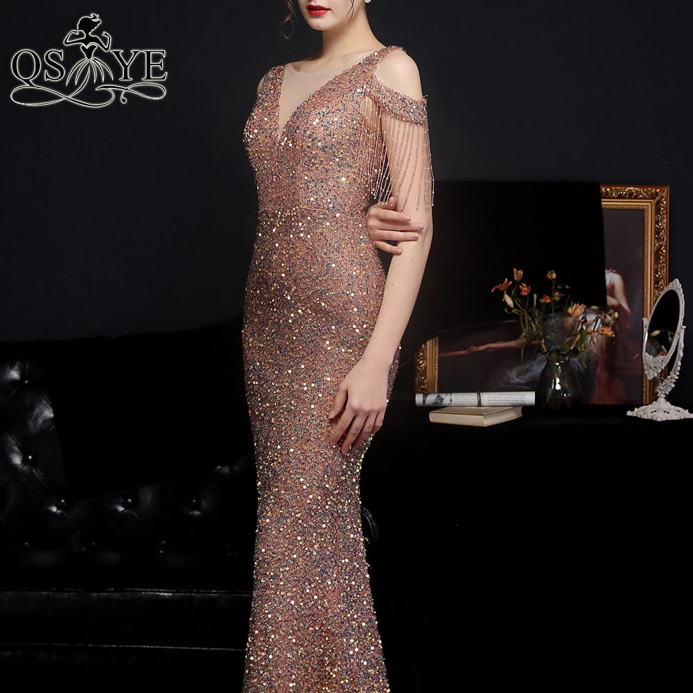 Sparkle Bruin Avondjurken Sequin Fit Lange Avondjurk Glitter Side Mouwen Party Jurk Mermaid V-hals Shiny Goldformal Gown