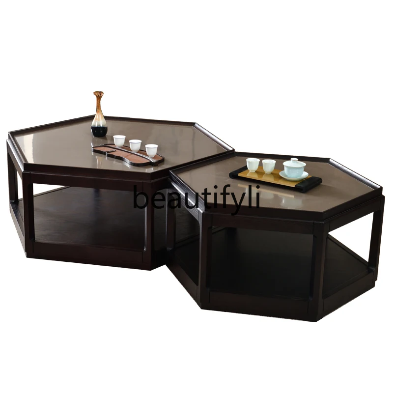 Special-shaped coffee table size combination double-layer mother and child simple living room home big new Chinese solid wood