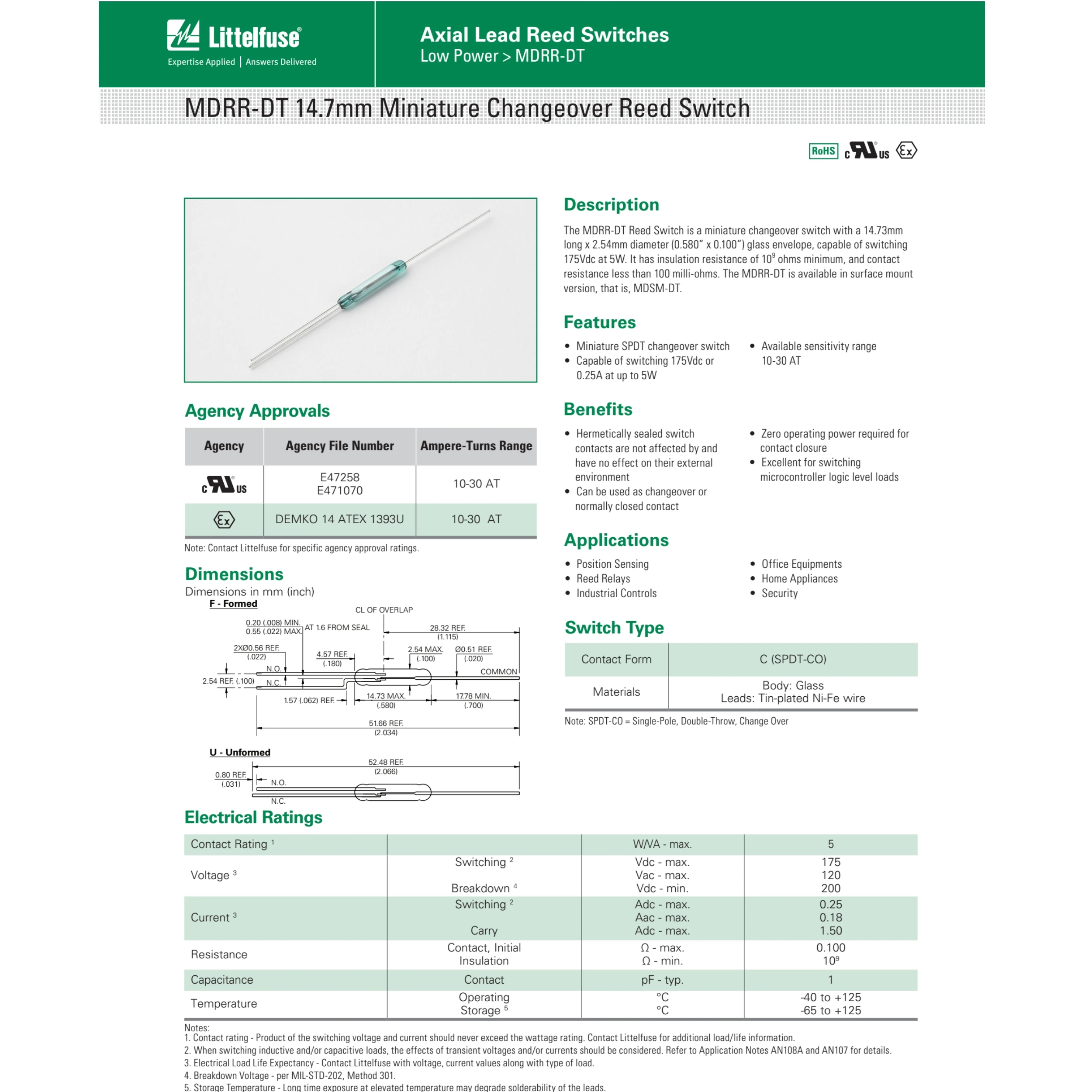 Littelfuse MDRR-DT NO/NC SPDT Changeover Reed Switch MDSM-DT 2*14MM 0.25A 5W 175V Normally Open/Closed Magnetic Contact Sensor