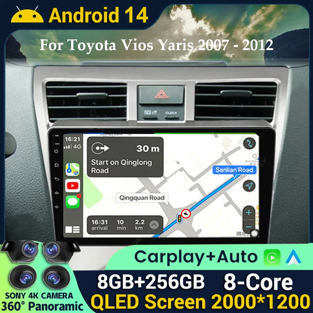 

Автомобильное радио Android 14 Carplay для Toyota VIOS Yaris 2007 2008 2009 2010 2011 2012, стерео GPS, мультимедийный плеер, Wi-Fi + 4G DSP