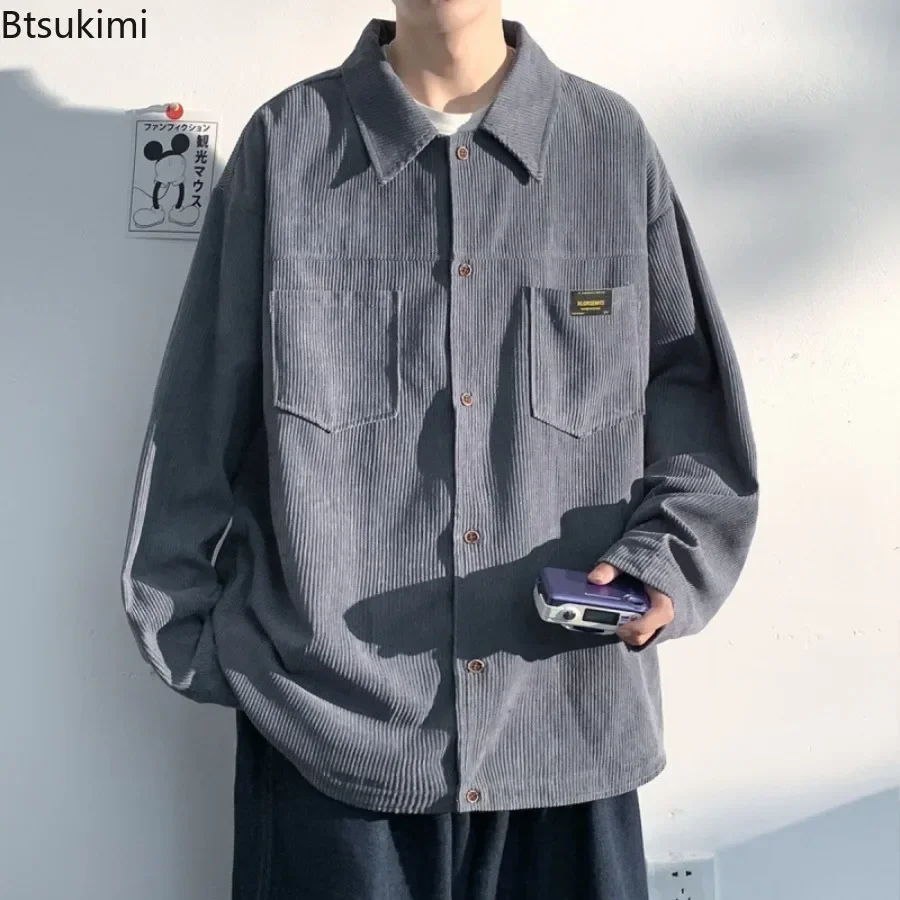 2024 Men\'s Fashion Harajuku Corduroy Long-sleeved Shirt Retro Style Loose Casual Shirt Coats Oversized Cardigan Men Cargo Jacket